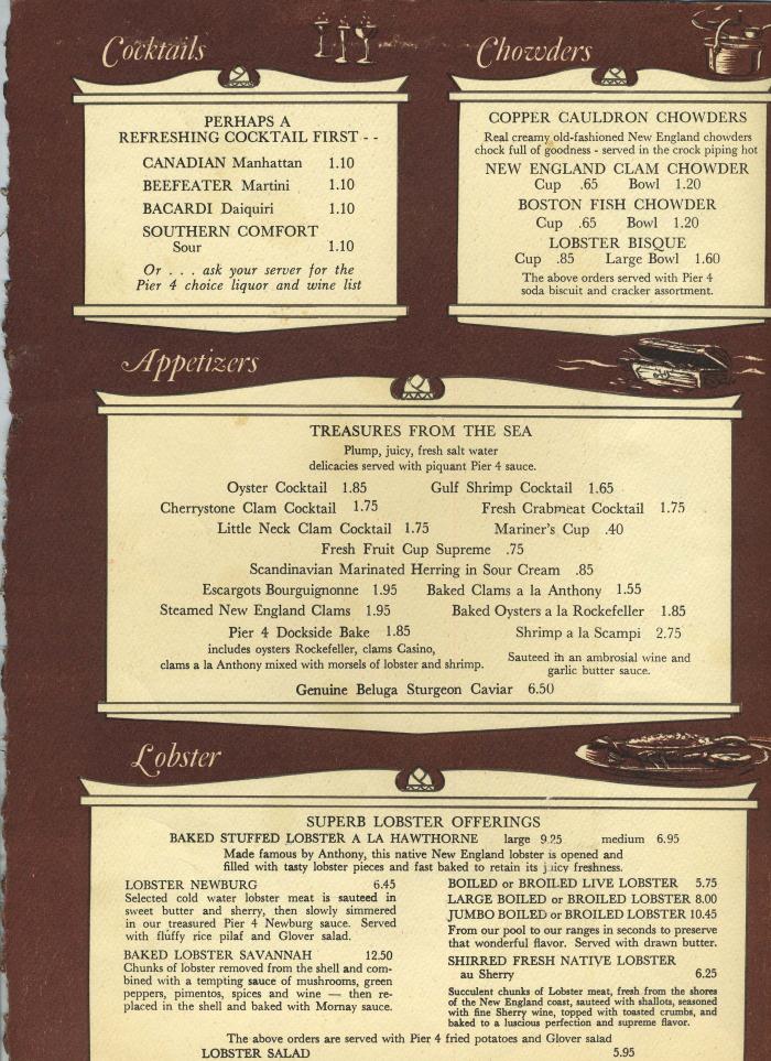 Anthony's Pier 4 Menu Boston Massachusetts 1960's