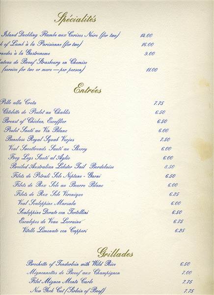 The Blue Fox Dinner & A La Carte Menu San Francisco California 1970s 