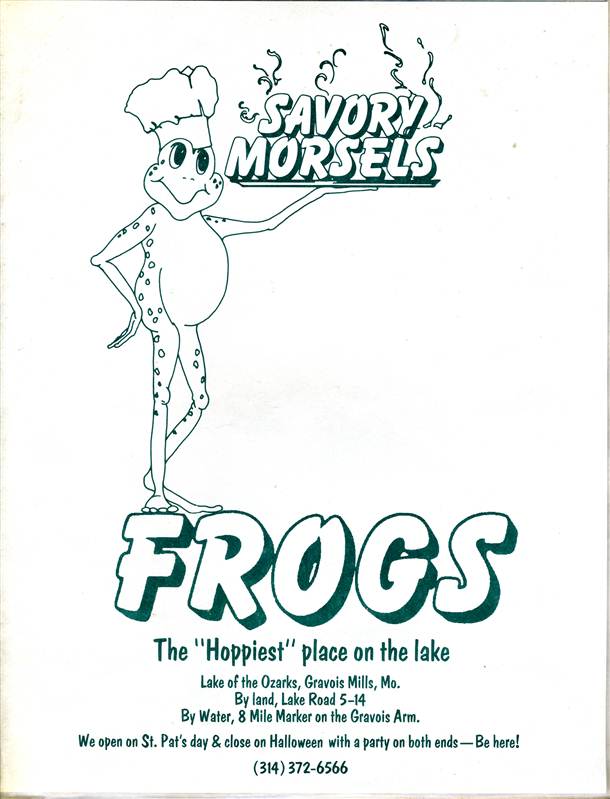 Frogs Menu Gravois Mills Missouri The Hoppiest Place on The Lake of