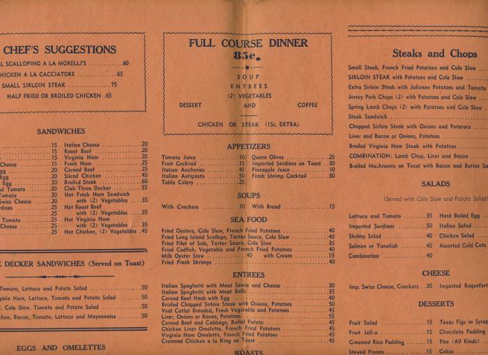 Morellis Restaurant Menu 6th Ave New York City 1942